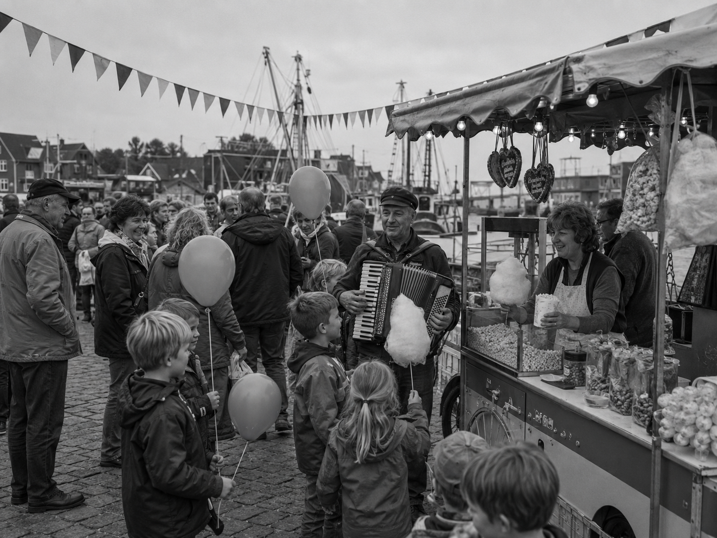 Schwarzweißaufnahme eines Hafenfestes mit Besuchern, Kindern, Luftballons, Fischstand und Akkordeonspieler.