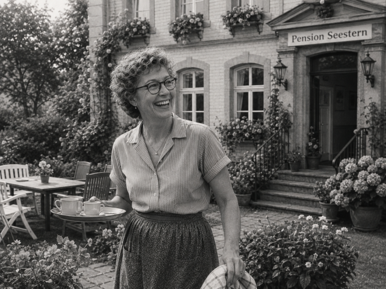 Schwarzweißaufnahme der jüngeren Frieda Ehlers, lachend vor der Pension Seestern.