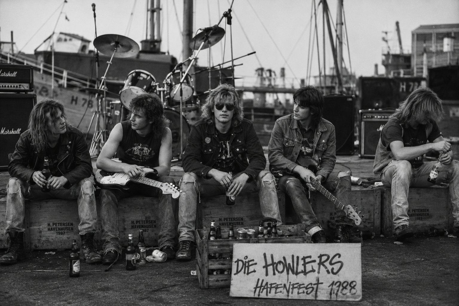 Schwarzweißaufnahme von fünf Jugendlichen der Band „Die Howlers“, die beim Hafenfest 1988 auf Fischkisten hinter einer improvisierten Bühne am Hafen sitzen; mit Gitarren, Verstärkern und Getränkeflaschen.