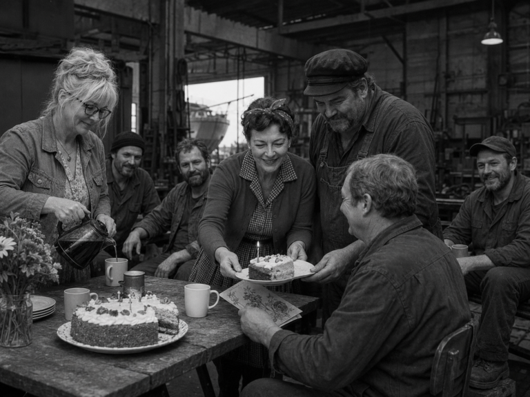 Schwarzweißaufnahme einer Geburtstagsfeier in der Havenhusener Werft. Birgit Thomsen reicht einem Werftarbeiter ein Stück Kuchen, Hinnerk steht neben ihr, während Meta Hansen Kaffee einschenkt.