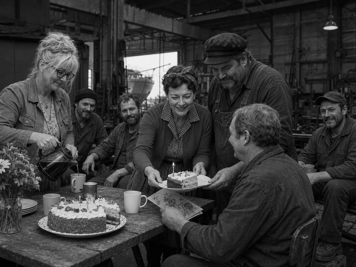Schwarzweißaufnahme einer Geburtstagsfeier in der Havenhusener Werft. Birgit Thomsen reicht einem Werftarbeiter ein Stück Kuchen, Hinnerk steht neben ihr, während Meta Hansen Kaffee einschenkt.