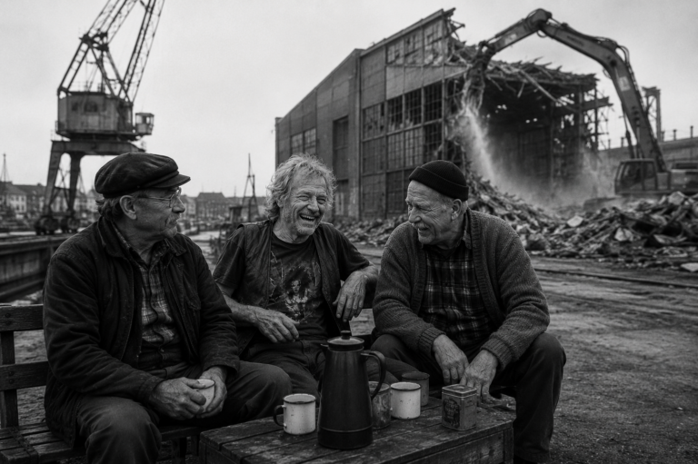 Schwarzweißaufnahme von Willi Kruse, Erich Vollbrecht und Franz Kasulke bei einer Kaffeepause auf der Havenhusener Werft. Im Hintergrund reißt ein Bagger eine alte Werfthalle ab.