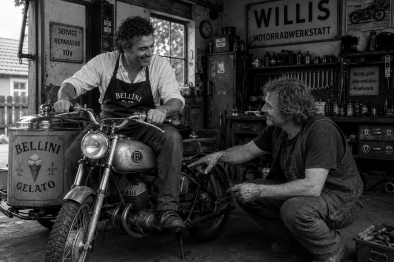 Schwarzweißaufnahme von Luigi Bellini auf einem historischen Eis-Motorrad in Willis Motorradwerkstatt. Willi Kruse kniet neben dem Fahrzeug und erklärt ihm etwas.