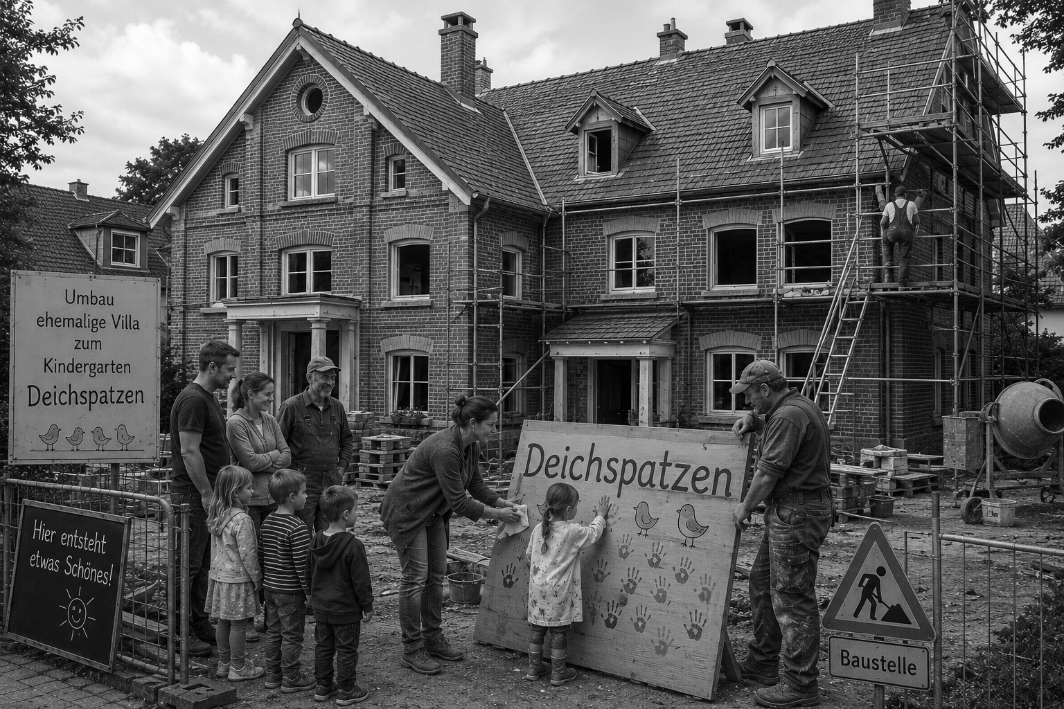Auf einer Baustelle vor der ehemaligen Villa bemalen Kinder gemeinsam mit ihren Eltern das künftige Eingangsschild des Kindergartens „Deichspatzen“, während Handwerker den Umbau des Gebäudes fortsetzen.