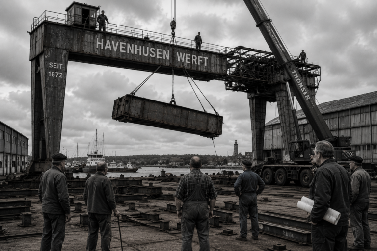 Schwarzweißaufnahme des Havenhusener Portalkrans während seiner Demontage. Ein Mobilkran hebt einen schweren Querträger aus der Konstruktion. Mehrere Werftarbeiter beobachten den Abbau auf dem Werftgelände.