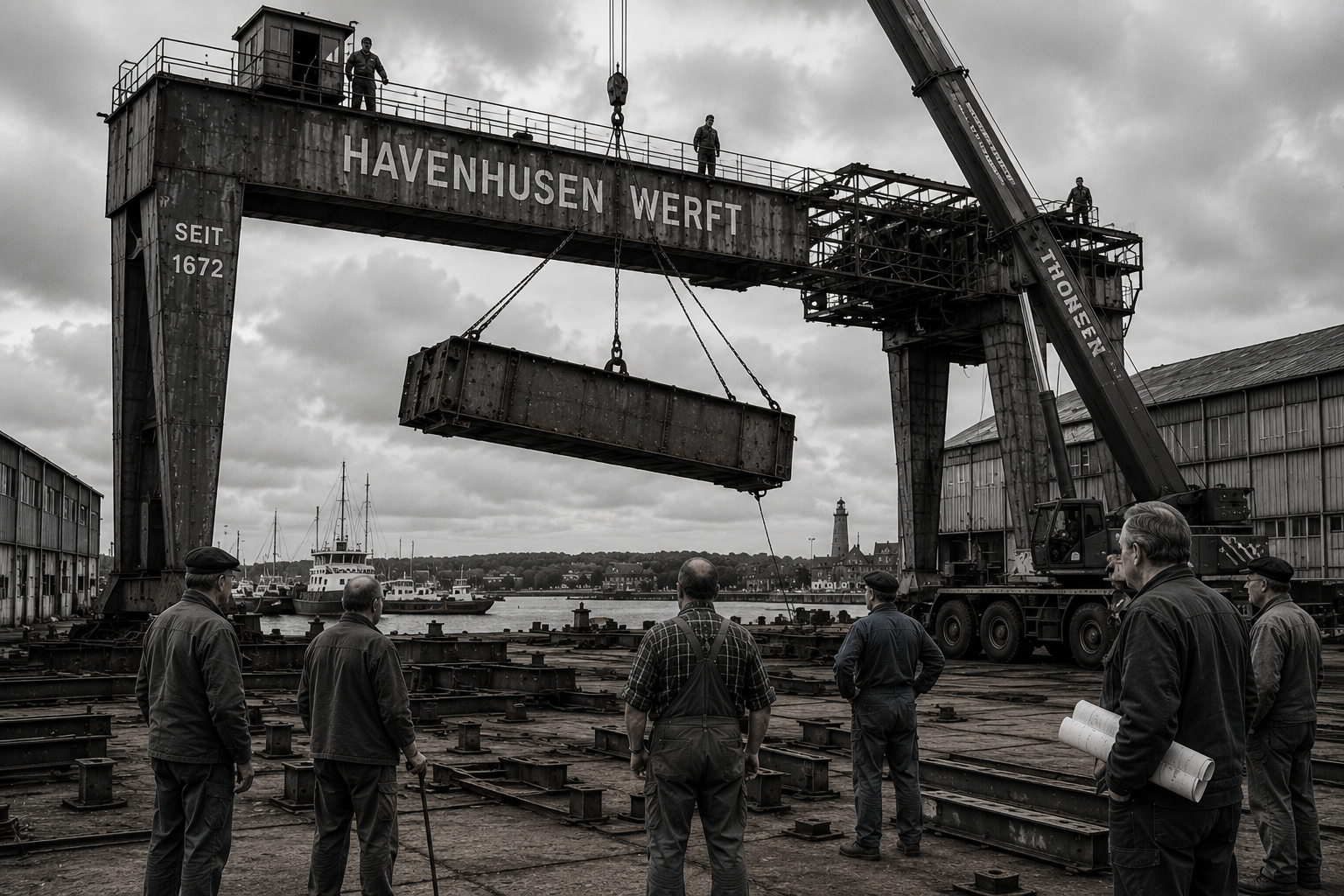 Schwarzweißaufnahme des Havenhusener Portalkrans während seiner Demontage. Ein Mobilkran hebt einen schweren Querträger aus der Konstruktion. Mehrere Werftarbeiter beobachten den Abbau auf dem Werftgelände.